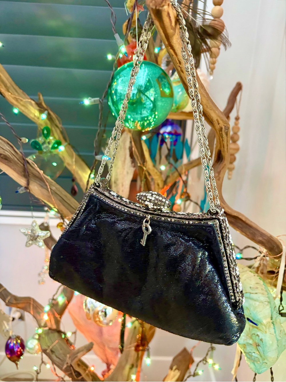 Elegant Black Evening Clutch with Silver Chain by Lixenberg